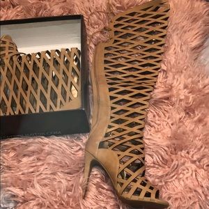 Tan thigh high heels